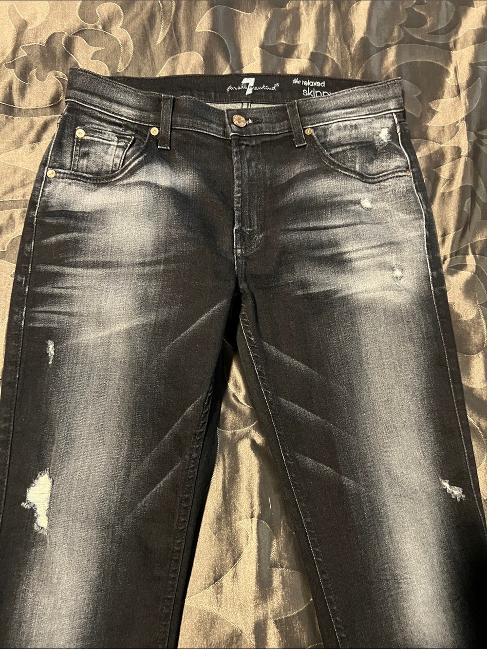 7 For All Mankind The Relaxed Skinny Black Faded Distressed Straight Leg Jean 28